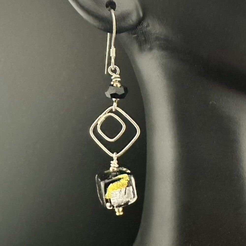 Sterling Silver Glass Gold Silver Foil Bead Dangle Earrings -  10mm Black Square